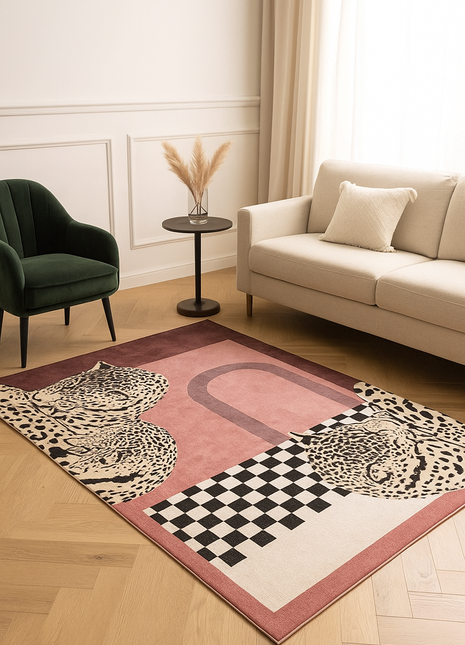 Alfombra nórdica de felpa con estampado de leopardo: suave y antideslizante para salones y dormitorios modernos.